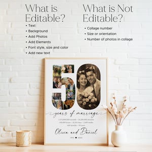 May include: A framed 50th-anniversary photo collage. The number "50" is formed by a collage of photos. The text "years of marriage" and the names "Olivia and Daniel" are written in cursive. The text also includes the number of seconds, minutes, hours, days, weeks, months, and years.