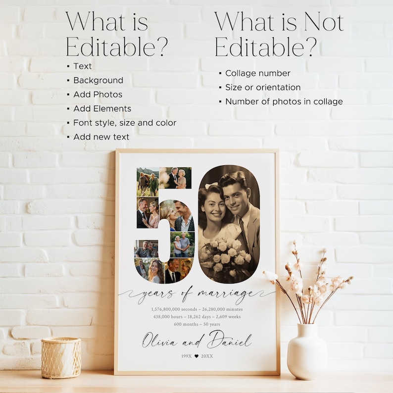 May include: A framed 50th-anniversary photo collage. The number "50" is formed by a collage of photos. The text "years of marriage" and the names "Olivia and Daniel" are written in cursive. The text also includes the number of seconds, minutes, hours, days, weeks, months, and years.