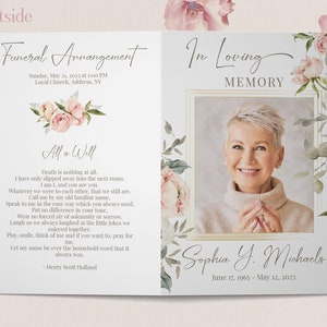 May include: Funeral announcement card with a floral design and a photo of a woman. The text reads "In Loving Memory" and "Sophia Y. Michaels, June 17, 1965 - May 12, 2023".