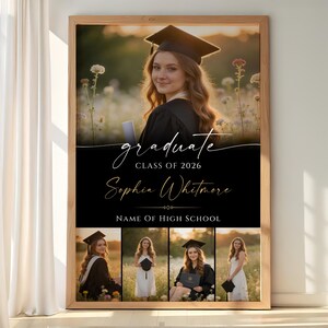 May include: A framed graduation photo collage featuring a young woman in a cap and gown. The top section includes a portrait with the word "graduate" and "Class of 2026". The bottom section has three smaller photos and the graduate's name.