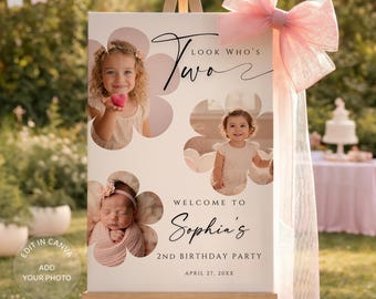 Floral Baby Girl 2nd Birthday Photo Welcome Sign Poster, Editable Canva (Digital Download), #MB36