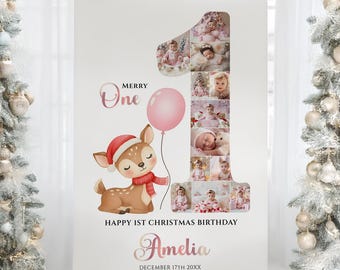 Merry One 1st Birthday Collage Template, Reindeer First Birthday Sign Poster, Christmas 1st Birthday for Girl, Canva Template, #CFB01