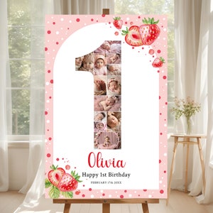 Beere Erster Geburtstag Willkommen Schild Vorlage, Erdbeere 1. Geburtstag Fotocollage, druckbare 1. Geburtstag Meilensteintafel für Baby Mädchen
