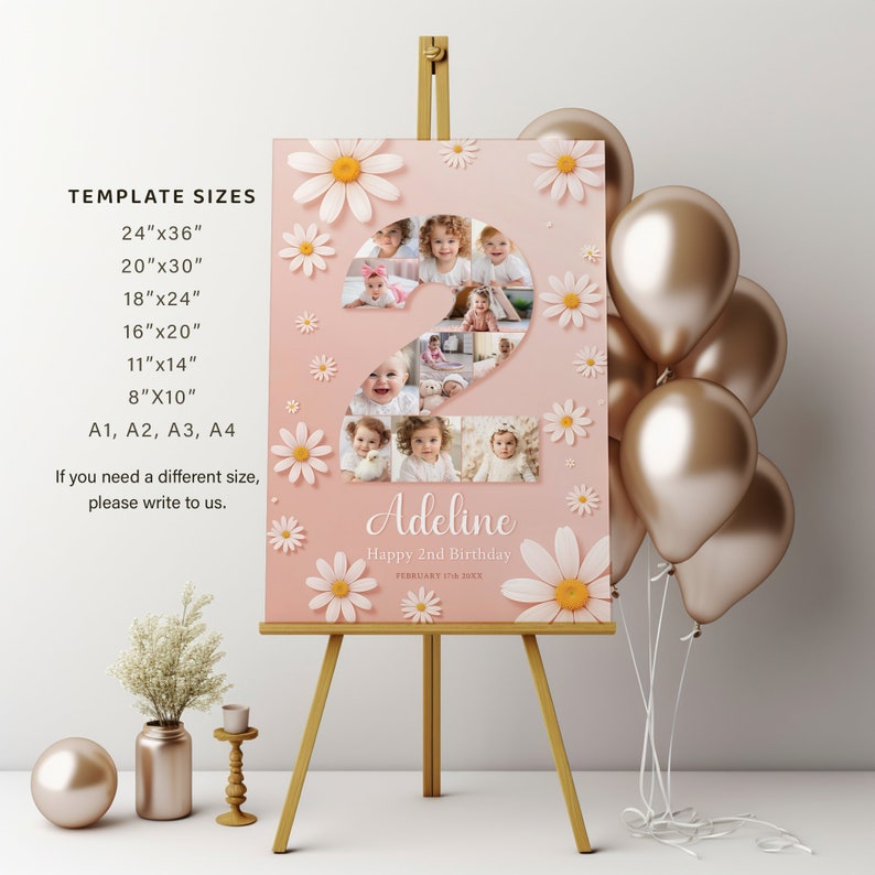 K&ouml;nnte beinhalten: Ein rosa-wei&szlig;es Foto-Collage-Poster mit einer gro&szlig;en Zahl 2, die aus Fotos eines kleinen M&auml;dchens besteht. Das Poster hat ein G&auml;nsebl&uuml;mchenmuster und sagt "Adelinc Happy 2nd Birthday February 17th, 20XX".