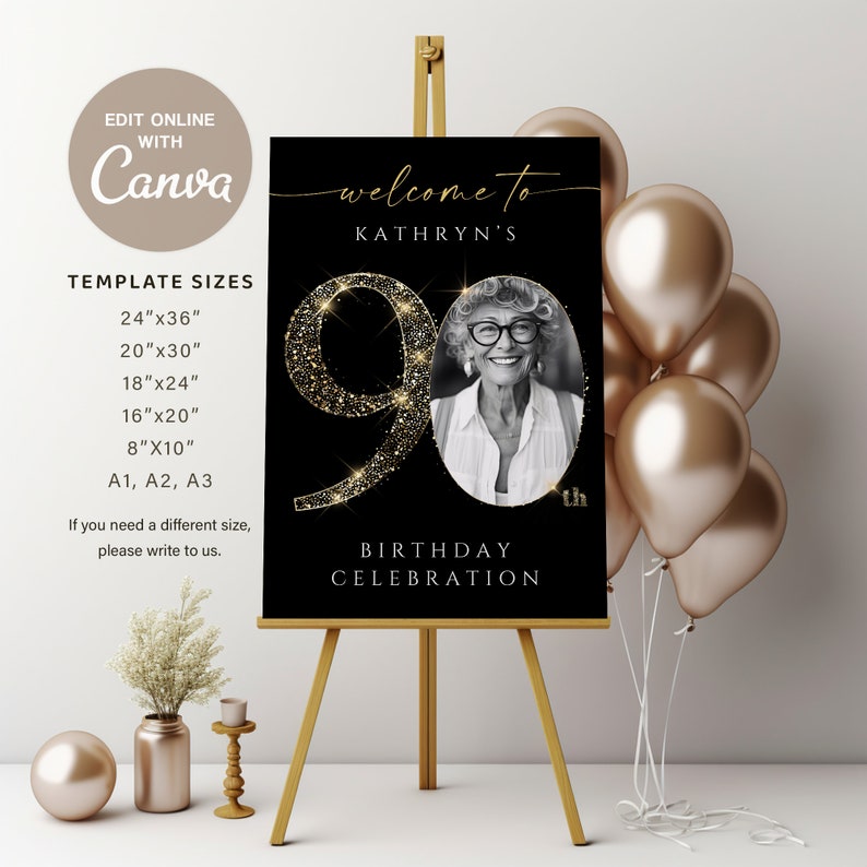 Black and Gold 90th Birthday Welcome Sign Template , Customizable and Printable Party Decoration, Editable Celebration Board, GBB1 image 2