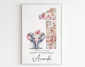Könnte beinhalten: Ein gerahmtes Poster mit einer großen Eins aus einer Collage von Babyfotos, einem Aquarell-Elefanten mit Partyhut sowie dem Text February 17th 20XX, Happy 1st Birthday und dem Namen Amanda in einer schwarzen Schreibschrift.