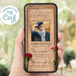Convite de funeral, modelo de convite digital de funeral E-vite, anúncio de funeral, Rose E-Invite, cartão de funeral, Memorial Evite, celular