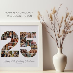 Puede incluir: Un marco blanco con un paspart&uacute; blanco que rodea un collage de fotos del n&uacute;mero 25 hecho con fotos. El texto "Happy 25th Birthday Christiana" y "April 17th 2023" est&aacute; debajo del collage.