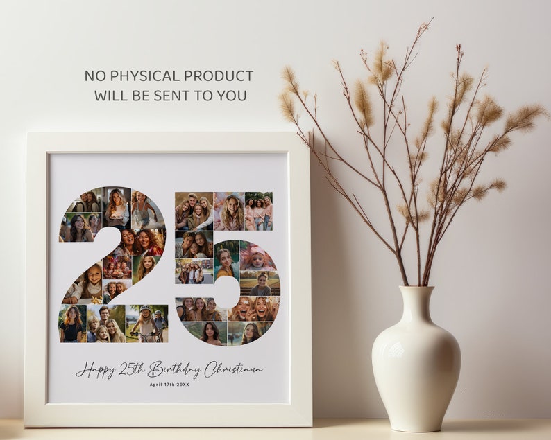 Puede incluir: Un marco blanco con un paspart&uacute; blanco que rodea un collage de fotos del n&uacute;mero 25 hecho con fotos. El texto "Happy 25th Birthday Christiana" y "April 17th 2023" est&aacute; debajo del collage.