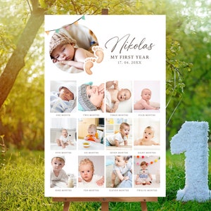 Plantilla de póster del primer año del bebé imprimible, plantilla de collage de fotos del primer año, póster de cumpleaños del niño, cumpleaños de mi primer año
