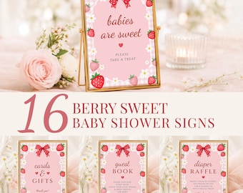 Berry Sweet Baby Shower Signs Bundle, Strawberry Girl 16 Printable Party Signs Templates, Editable Canva, Digital Download, #BS06
