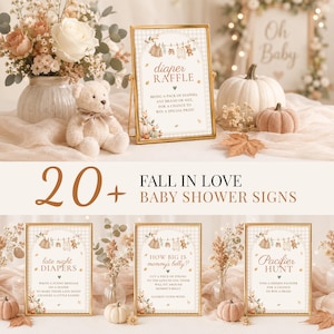 May include: A gold-framed sign with a light blue gingham border and autumn-themed illustrations of baby clothes and pumpkins. The text reads: DIAPER RAFFLE, BRING A PACK OF DIAPERS, ANY BRAND OR SIZE, FOR A CHANCE TO WIN A SPECIAL PRIZE!