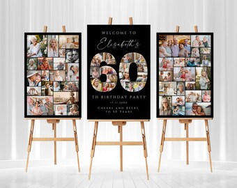 Schwarz 60. Geburtstag Foto-Collage-Vorlagen-Set, personalisiertes Geburtstags-Poster-Geschenk, Geburtstags-Willkommens-Tafel für Oma, Opa, Vater oder Mutter