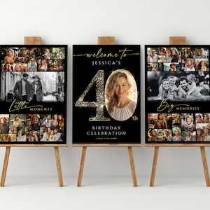 Schwarz Gold 40. Geburtstag Foto Collage Vorlage, 40 Geburtstag Poster Set, druckbare Geburtstagstafel für Sie, Ihn, #GBB1