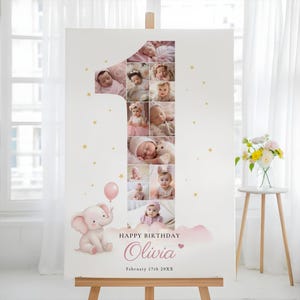 Mall för collage med rosa elefant för första födelsedag, välkomstskylt för första födelsedagen, redigerbar fotoaffisch för första födelsedagen för flicka