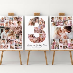 Conjunto de modelos de sinal de boas-vindas de 3º aniversário, pacote de colagem de fotos de terceiro aniversário personalizável e imprimível, quadro de comemoração para bebê menino ou menina