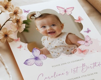Butterfly 1st Birthday Invitation Template, Baby Girl Birthday Party Invite with Photo, Editable Canva (Digital Download)