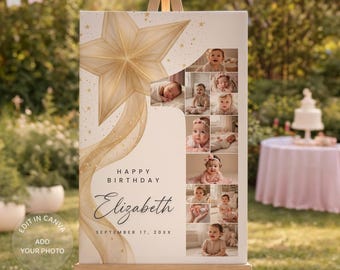 Gold Star 1st Birthday Sign, Photo Collage Poster, Baby First Year Photo Board, Editable Canva (Digital Download)