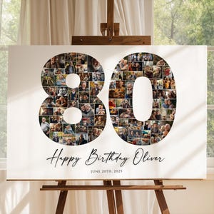 80歳の誕生日フォトコラージュテンプレート、おばあちゃんやおじいちゃんへのパーソナライズされた80歳の誕生日プレゼント、数字コラージュ、お父さんへのプレゼント、誕生日プレゼント、Canva