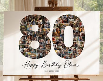 Modèle de collage photo 80e anniversaire, cadeau 80e anniversaire personnalisé pour grand-mère ou grand-père, collage de chiffres, cadeau papa, cadeau d'anniversaire, toile