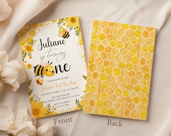 Invitación de primer cumpleaños con temática de abeja, plantilla editable de invitación de cumpleaños para el primer día de la abeja, plantilla imprimible de invitación de cumpleaños con temática de abeja.