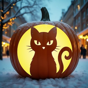 May include: A carved orange pumpkin featuring a glowing yellow circular cutout with a silhouette of a cat. The pumpkin has a green stem, is dusted with light snow, and displays a dark cat shape with pointed ears, whiskers, and a curled tail.