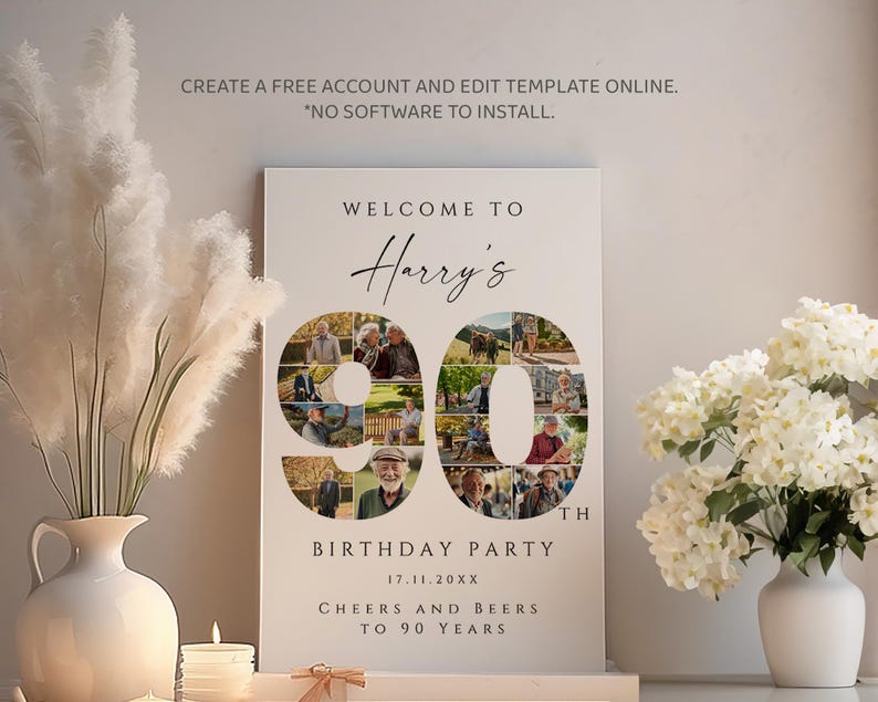 May include: A white poster with a photo collage of a 90th birthday party for Harry. The poster has the text "Welcome to Harry's 90th Birthday Party 17.11.20XX Cheers and Beers to 90 Years".