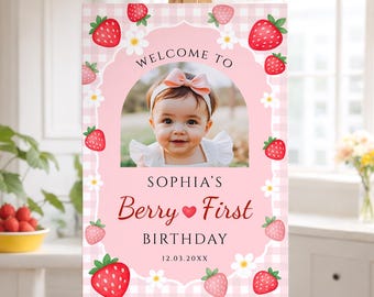 Berry First Birthday Photo Welcome Sign Template, Strawberry First Birthday Welcome Poster, Baby Girl Birthday Welcome Sign, Canva, #SBT