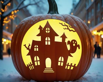 Haunted House Pumpkin Stencil Template – Printable Halloween Carving Pattern – Scary Ghost Jack O Lantern Design, Digital Download, #JOL