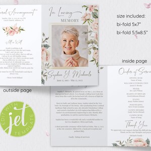 May include: A funeral program template with a floral design and a photo of a woman. The front page includes the text "In Loving Memory" and the back page includes the text "Order of Service". The program is available in two sizes: 5x7 inches and 5.5x8.5 inches.