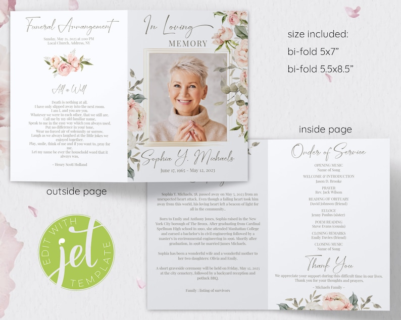 May include: A funeral program template with a floral design and a photo of a woman. The front page includes the text "In Loving Memory" and the back page includes the text "Order of Service". The program is available in two sizes: 5x7 inches and 5.5x8.5 inches.
