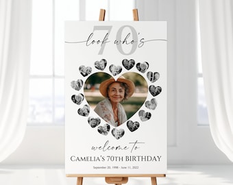 Heart 70th Birthday Photo Collage Sign Template, Look who's 70, Personalized Photo Board, Customizable Photo Display Poster for Grandparents