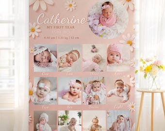 Fotocollage van Daisy's eerste jaar, poster met maandelijkse mijlpalen voor je baby, bord voor de eerste verjaardag, 'Mijn eerste jaar'-bord, bewerkbaar Canva-bestand, digitale download