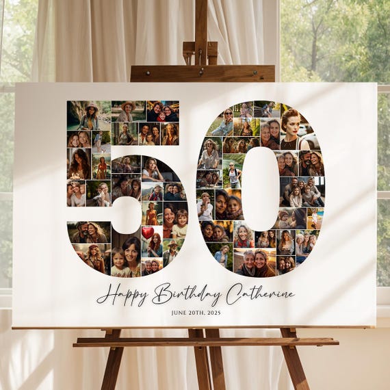 50th Birthday Photo Collage Template, Personalized 50th Birthday Gift for Women, Him, Mom, Number Collage, Family Gift, Birthday Gift, Canva