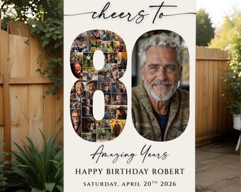 80th Birthday Photo Collage Welcome Sign Template, Celebrating 80 Years Birthday Party Poster, Picture Collage Display Poster