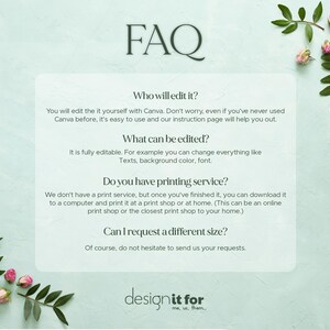 Pu&ograve; includere: Uno sfondo verde chiaro con la parola "FAQ" in nero. Un rettangolo bianco contiene testo che risponde alle domande pi&ugrave; frequenti su editing e stampa. Accenti floreali con rose rosa e foglie verdi decorano gli angoli.