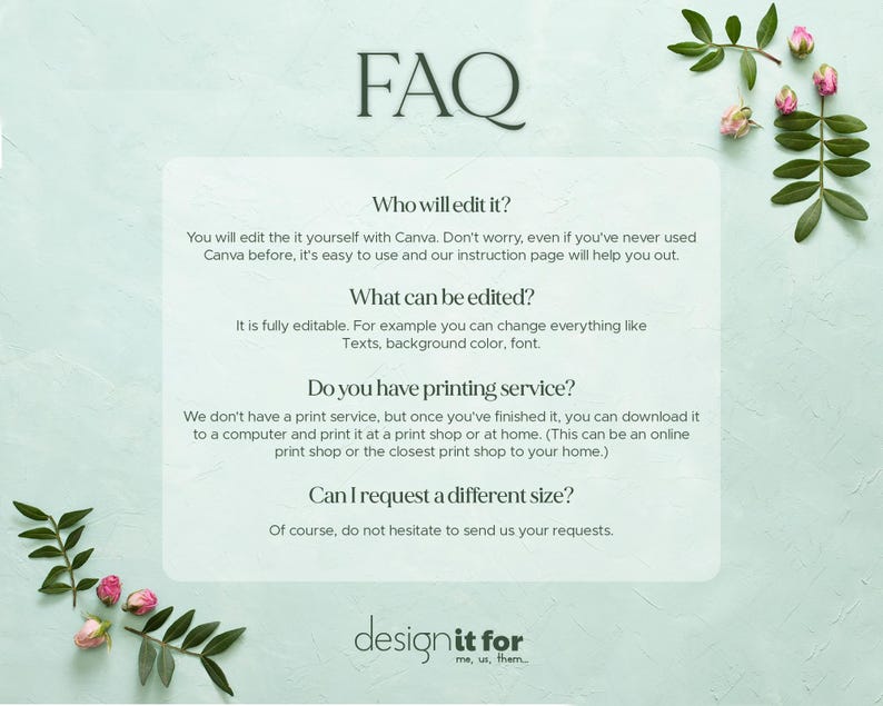 Pu&ograve; includere: Uno sfondo verde chiaro con la parola "FAQ" in nero. Un rettangolo bianco contiene testo che risponde alle domande pi&ugrave; frequenti su editing e stampa. Accenti floreali con rose rosa e foglie verdi decorano gli angoli.