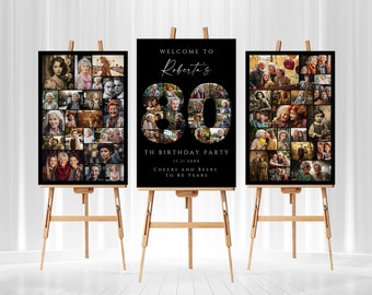 Schwarze 80. Geburtstag Foto-Collage Vorlage Set, personalisiertes Geburtstags Poster Geschenk, Geburtstag Willkommens Tafel für Oma, Opa, Vater oder Mutter