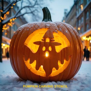 Puede incluir: Una gran calabaza naranja con un diseño tallado de un fantasma con sombrero de bruja, iluminada desde el interior por una luz cálida. La calabaza tiene un tallo verde y está cubierta de nieve ligera, con el texto PUMPKIN CARVING STENCIL abajo.