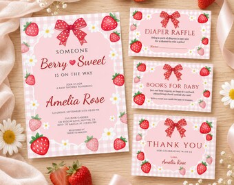 Berry Sweet Baby Shower Invitation Set, Cute Strawberry Girl Shower Card Bundle, Editable Canva Template, Digital Download, #BS06