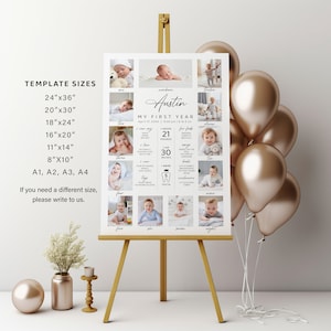 Pu&ograve; includere: Un poster bianco con un collage di foto del primo anno di un bambino. Il poster include foto del bambino a diverse et&agrave;, insieme a traguardi come il peso, l'altezza e le prime parole. Il poster &egrave; intitolato "Il mio primo anno" e include il nome del bambino, Austin, e la sua data di nascita. Il poster &egrave; su un cavalletto di legno.