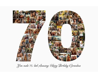 70th Birthday Photo Collage Template, Personalized 70th Birthday Gift for Grandma Grandpa, Number Collage, Mom Gift, Birthday Gift, Canva