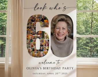60歳の誕生日フォトコラージュサインテンプレート、パーティーポスター装飾（デジタルダウンロード）