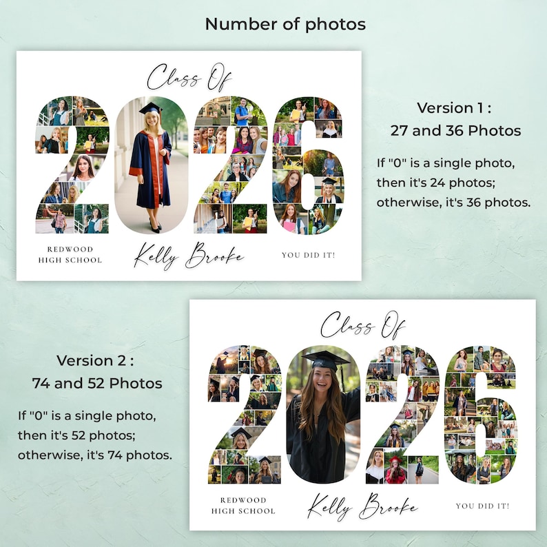 May include: Two graduation photo collages with the text "Class Of 2026". One collage features a graduate in a cap and gown. The collages include the text "Redwood High School", "Kelly Brooke", and "You Did It!"