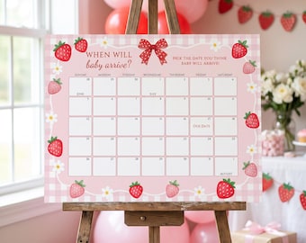 Beeren-Babyparty-Kalender mit Geburtstermin, Schätzspiel zum Geburtstermin, Erdbeer-Thema, bearbeitbare Canva-Vorlage, digitaler Download, #BS06