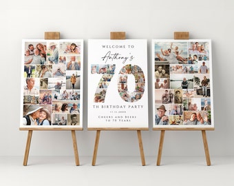 70th Birthday Photo Collage Template Set, Personalized Birthday Poster Gift, Birthday Welcome Board for Grandma, Grandpa, Dad or Mom