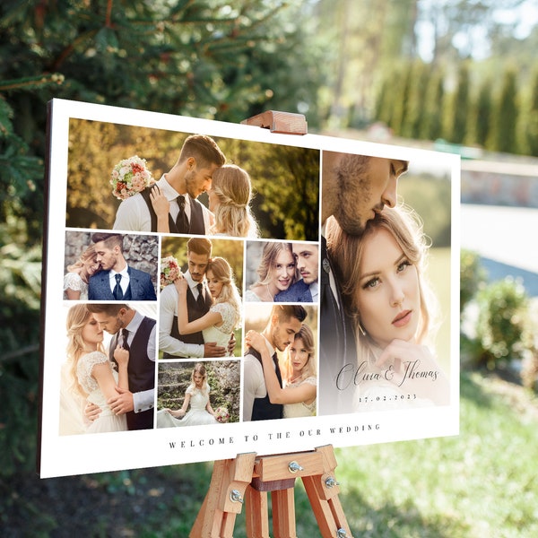 Wedding Welcome Sign Photo Collage Template for 8 Photos, Wedding Photo Collage Template, Canva, Memorial, Valentine's Day, Celebration