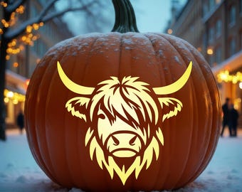 Highland Cow Pumpkin Carving Stencil, Rustic Halloween Jack O Lantern Design, Digital Download, #JOL