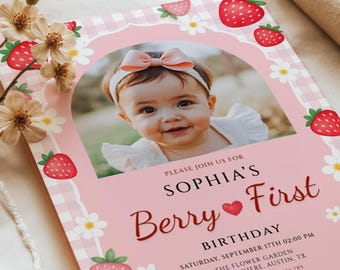 Berry First Birthday Invitation Template, Strawberry 1st Birthday Photo Invite, Editable Canva, Digital Download, Girl 1st Birthday, #SBT