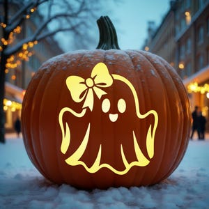 May include: A large orange pumpkin with a green stem, featuring a glowing yellow cutout design of a ghost wearing a bow on its head. The pumpkin is dusted with a light layer of snow, showcasing a carved silhouette of a smiling ghost figure.